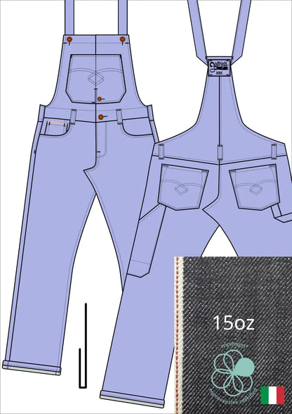 Tekening bretelbroek 5011  met denim voorstelling en omslag aan de pijpzoom