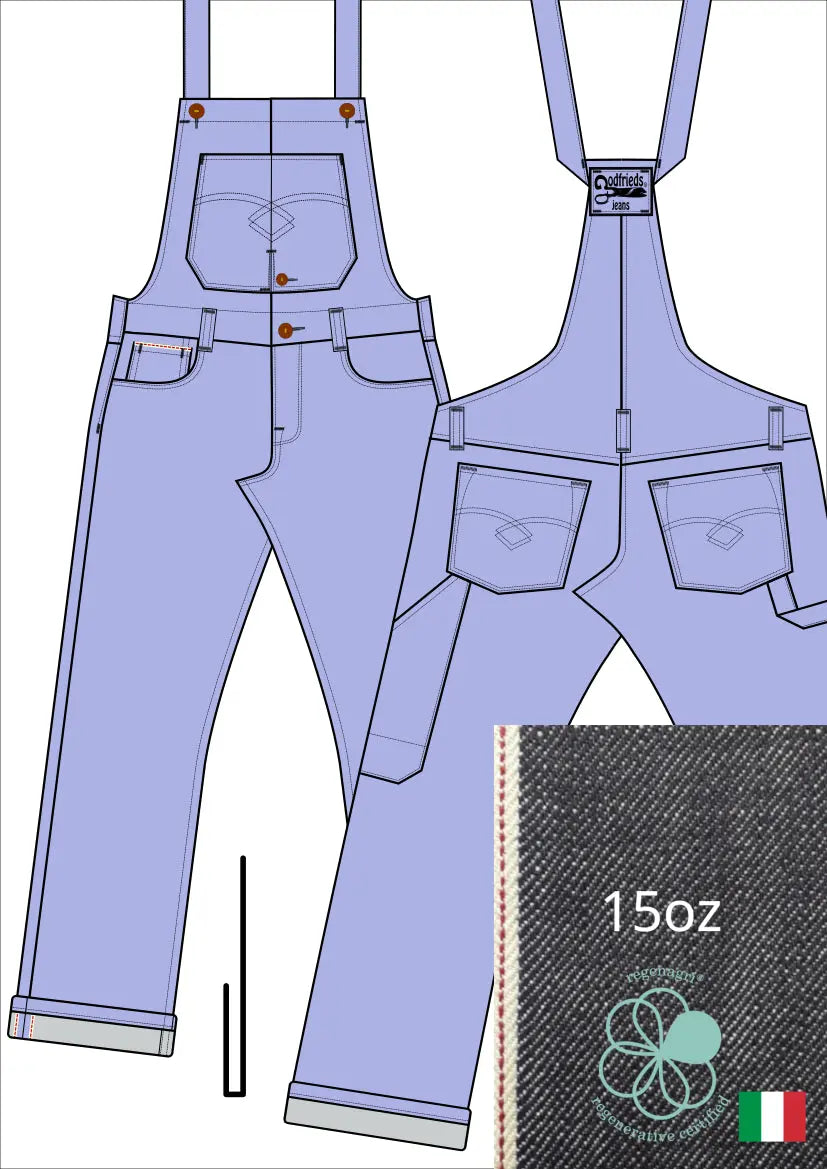 Tekening bretelbroek 5011  met denim voorstelling en omslag aan de pijpzoom