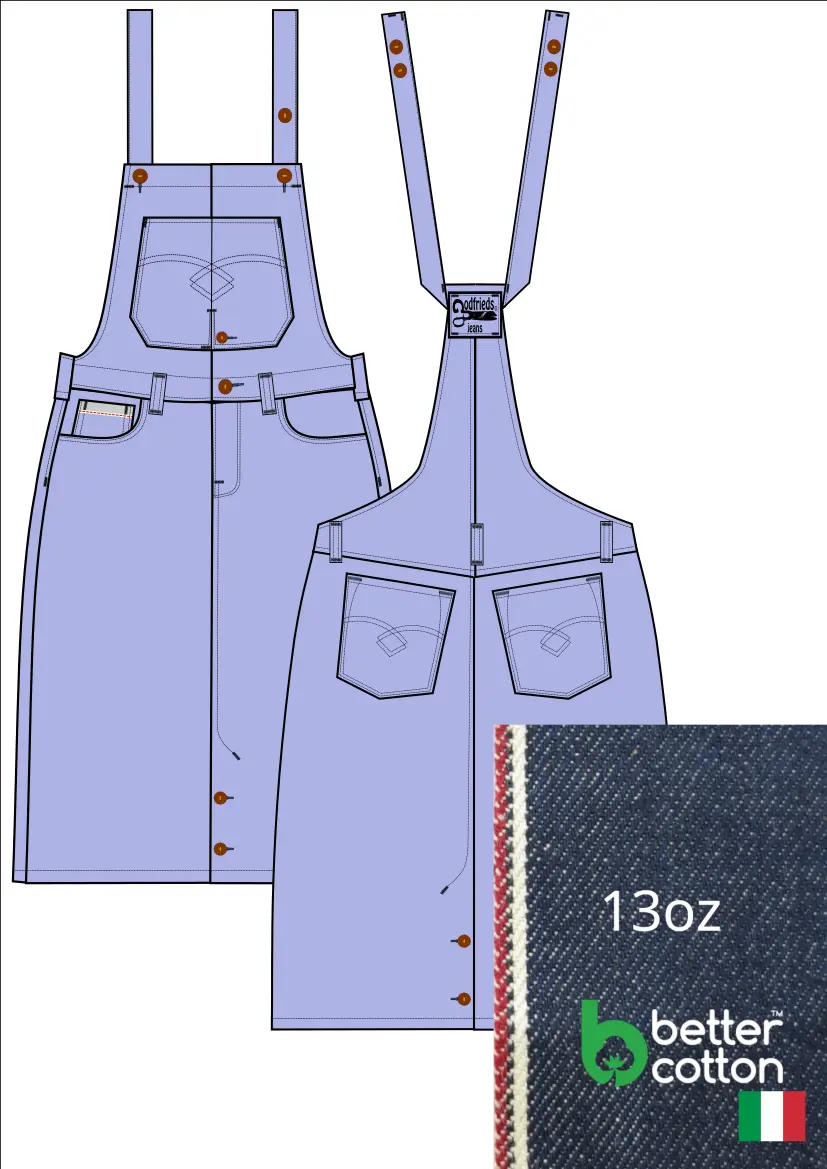 Tekening van bretelrok Rok 5016  met denim voorstelling erbij 