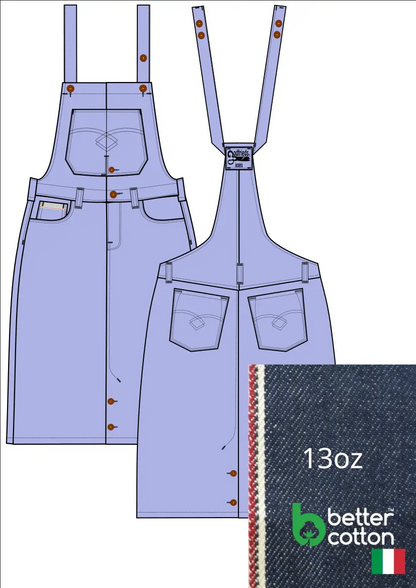 Tekening van bretelrok Rok 5016  met denim voorstelling erbij 