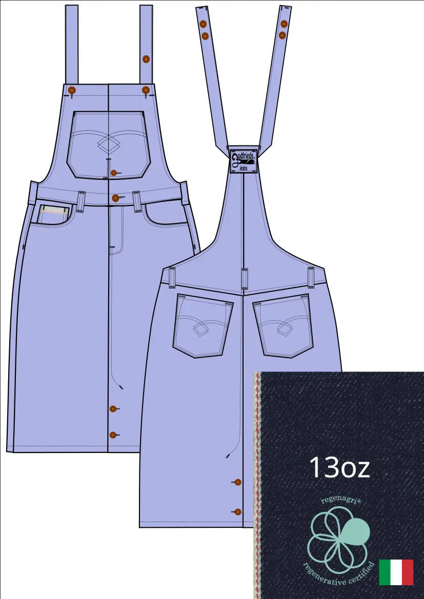 Tekening van bretelrok Rok 5016  met denim voorstelling erbij 