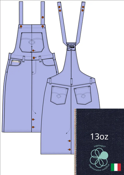Tekening van bretelrok Rok 5016  met denim voorstelling erbij 