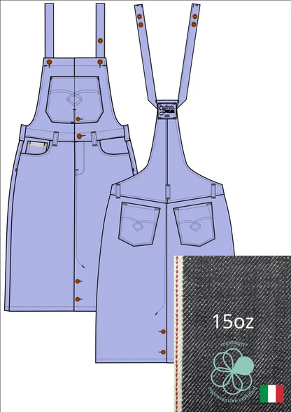 Tekening van bretelrok Rok 5016  met denim voorstelling erbij 